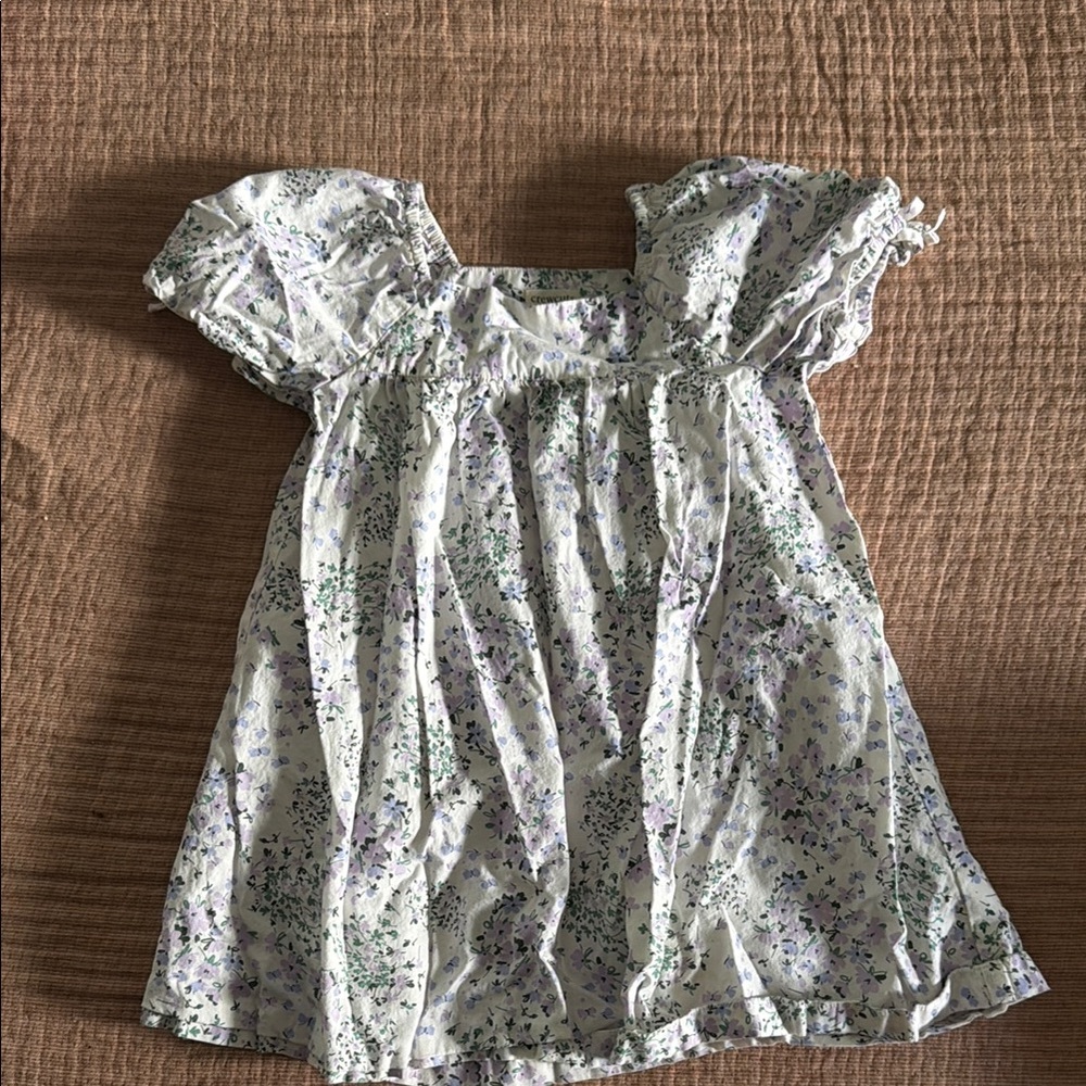 White Floral Puff-Sleeve Blouse with Lavender & Green Print